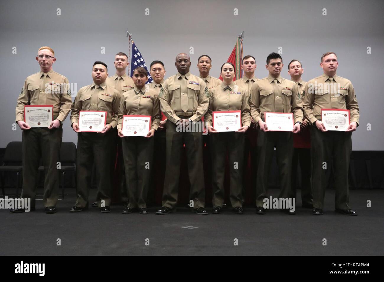 Dozens of Marines aboard Marine Corps Logistics Base Albany graduated from the Sergeants School Seminar Program, Feb. 1. This graduating class marks the first time that Marines at MCLB Albany were able to attend resident professional military education at the Sergeant and higher level since the Marine Corps adopted a different style of professional military education. Master Gunnery Sgt. Edgar McCaskill delivered a moving speech to congratulate the dedicated Marines as they complete a significant milestone. Stock Photo