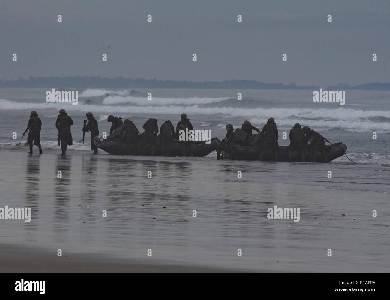 Japan Ground Self-Defense Force (JGSDF) Soldiers dismount combat rubber raiding crafts after a surf passage during Iron Fist 2019, Feb. 1, on U.S. Marine Corps Base Camp Pendleton, CA. Exercise Iron Fist is an annual, multilateral training exercise where U.S. and Japanese service members train together and share techniques, tactics and procedures to improve their combined operational capabilities. Stock Photo