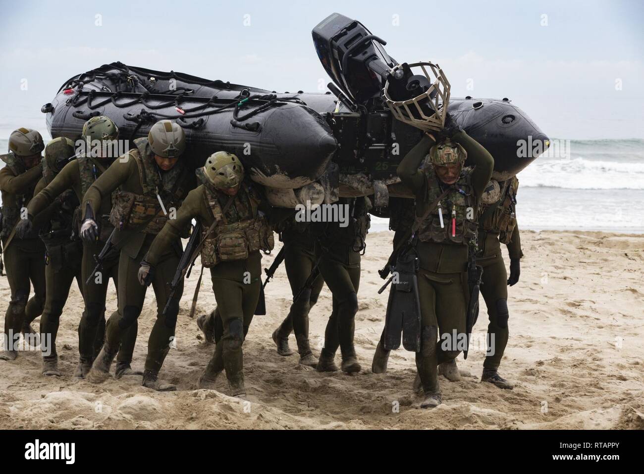 Japan Ground Self-Defense Force (JGSDF) Soldiers move a combat rubber raiding craft inland during Iron Fist 2019, Feb. 1, on U.S. Marine Corps Base Camp Pendleton, CA. Exercise Iron Fist is an annual, multilateral training exercise where U.S. and Japanese service members train together and share techniques, tactics and procedures to improve their combined operational capabilities. Stock Photo