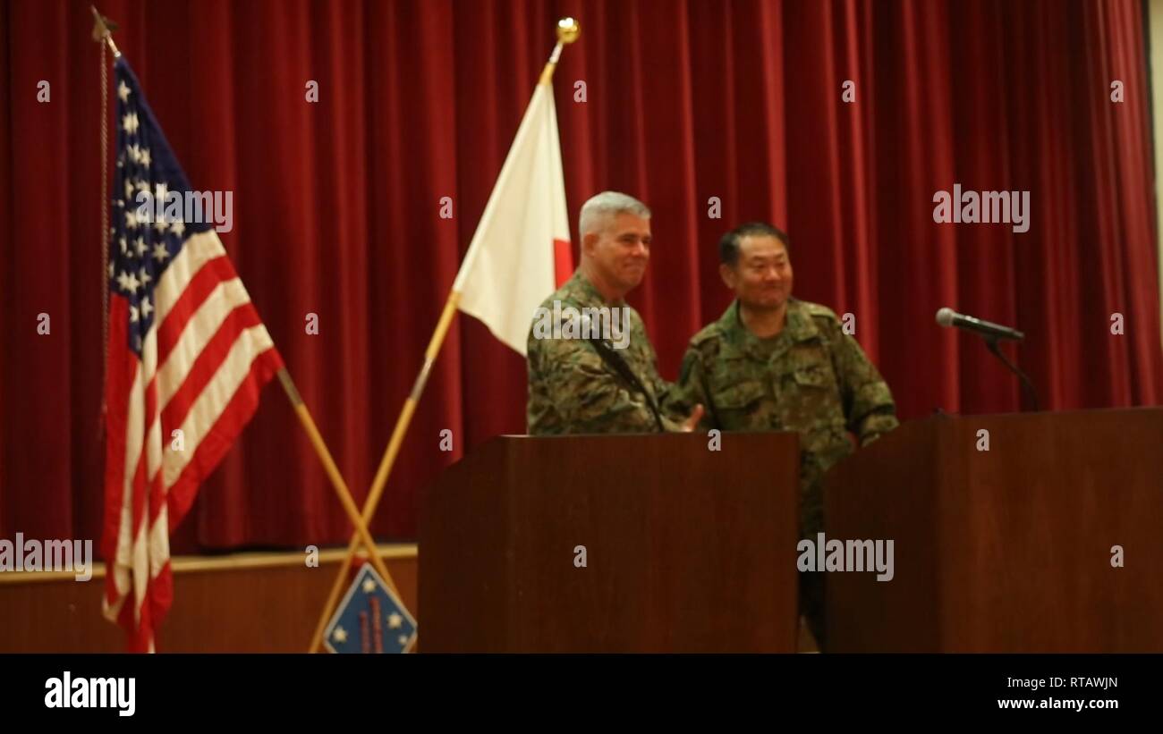 U.S. Marine Corps Lt. Gen. Joseph Osterman,  Commanding General of I Marine Expeditionary Force and Lt. Gen. Hirokazu Fujita, the chief of staff for the ground component command of Japan Ground Self-Defense Force hold a press conference prior to the amphibious landing exercise during Iron Fist 2019, Feb. 4 on U.S. Marine Corps Base Camp Pendleton, CA. Exercise Iron Fist is an annual, multilateral training exercise where U.S. and Japanese service members train together and share techniques, tactics and procedures to improve their combined operational capabilities. Stock Photo