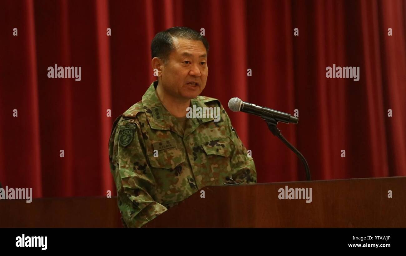 U.S. Marine Corps Lt. Gen. Joseph Osterman,  Commanding General of I Marine Expeditionary Force and Lt. Gen. Hirokazu Fujita, the chief of staff for the ground component command of Japan Ground Self-Defense Force hold a press conference prior to the amphibious landing exercise during Iron Fist 2019, Feb. 4 on U.S. Marine Corps Base Camp Pendleton, CA. Exercise Iron Fist is an annual, multilateral training exercise where U.S. and Japanese service members train together and share techniques, tactics and procedures to improve their combined operational capabilities. Stock Photo