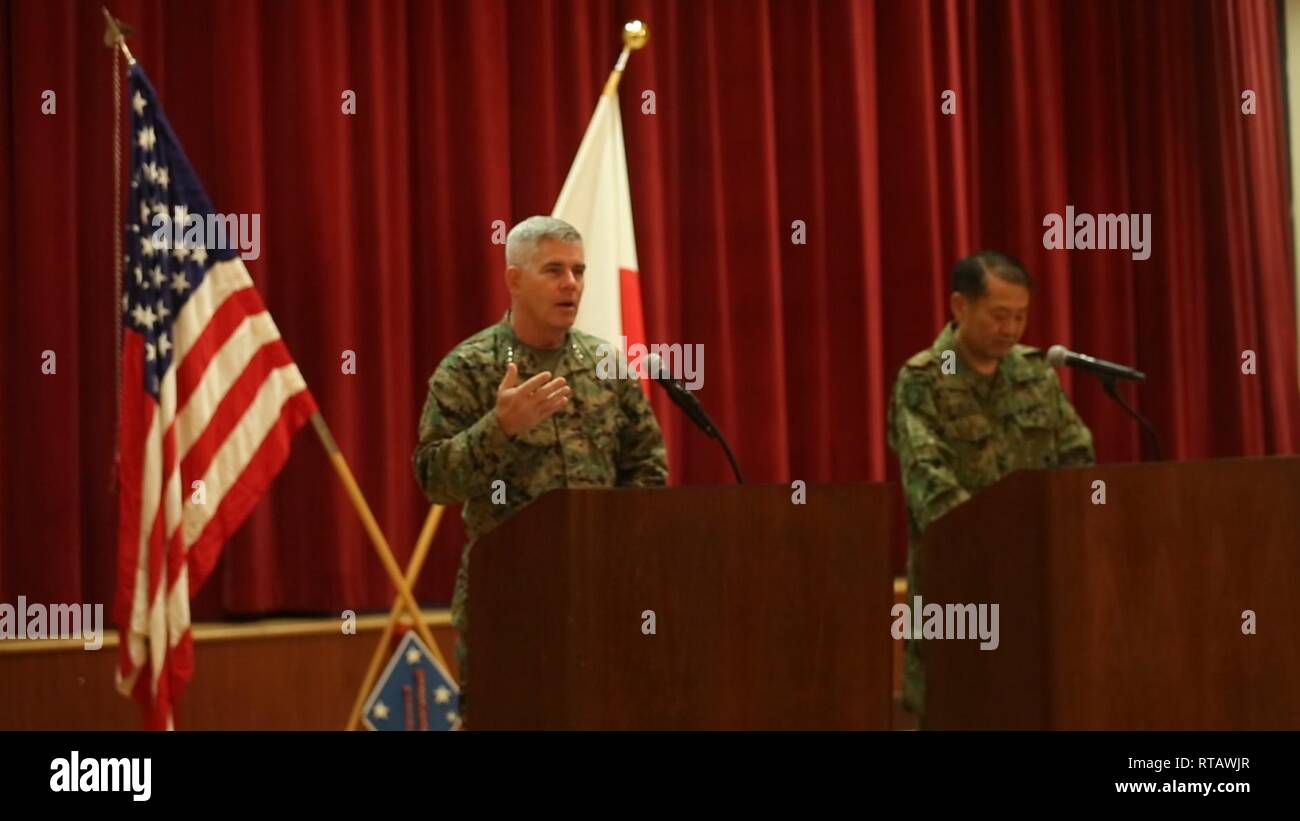 U.S. Marine Corps Lt. Gen. Joseph Osterman,  Commanding General of I Marine Expeditionary Force and Lt. Gen. Hirokazu Fujita, the chief of staff for the ground component command of Japan Ground Self-Defense Force hold a press conference prior to the amphibious landing exercise during Iron Fist 2019, Feb. 4 on U.S. Marine Corps Base Camp Pendleton, CA. Exercise Iron Fist is an annual, multilateral training exercise where U.S. and Japanese service members train together and share techniques, tactics and procedures to improve their combined operational capabilities. Stock Photo