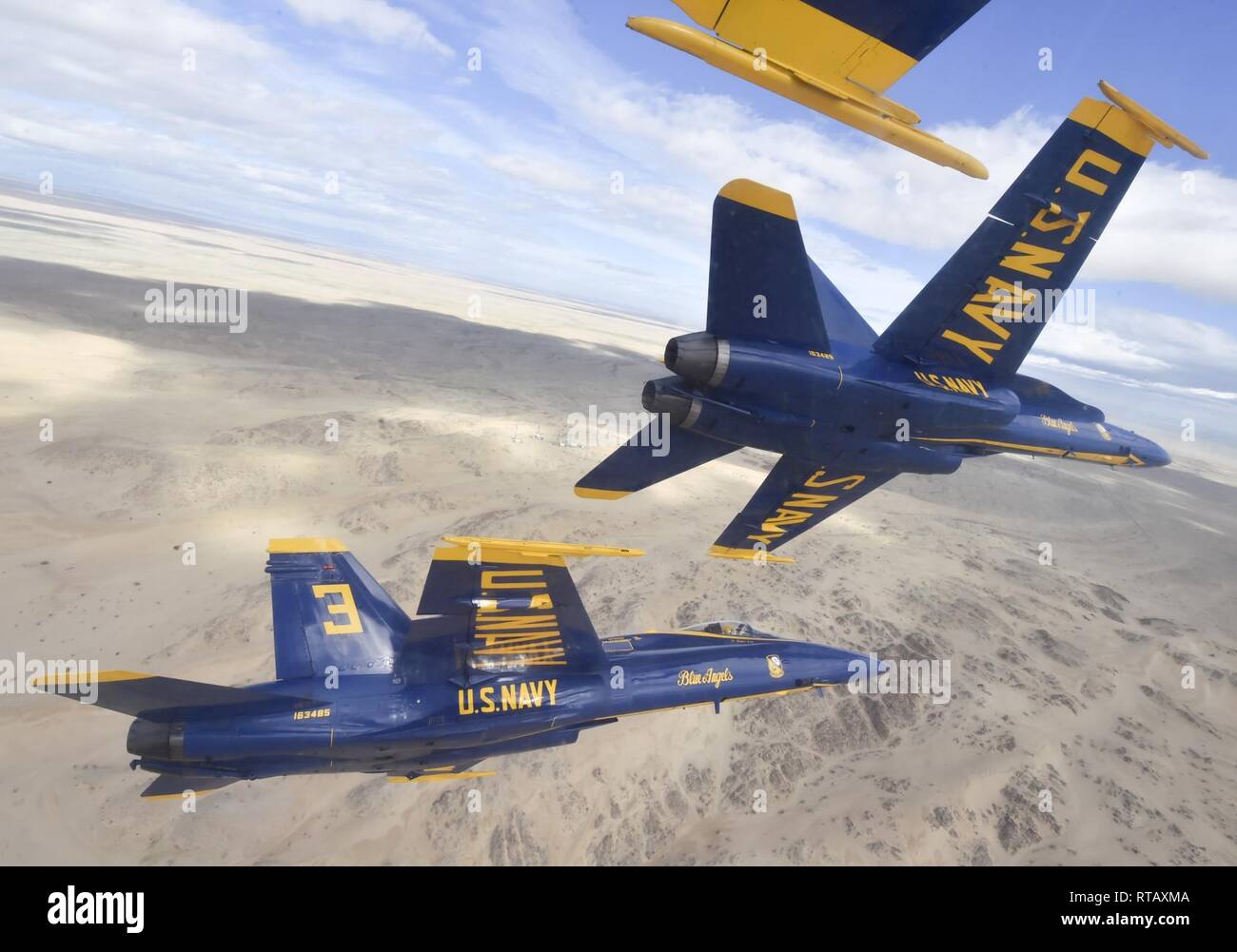 EL CENTRO, Calif. (Feb. 4, 2019) The U.S. Navy Flight Demonstration Squadron, the Blue Angels, diamond pilots perform the diamond 360 maneuver over the Imperial Valley during a training flight. The Blue Angels are conducting winter training at Naval Air Facility El Centro, California, in preparation for the 2019 show season. The team is scheduled to conduct 61 flight demonstrations at 32 locations across the country to showcase the pride and professionalism of the U.S. Navy and Marine Corps to the American public. U.S. Navy Stock Photo