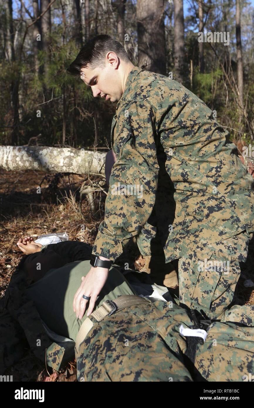 Petty Officer 3rd Class Brandon Groover uses tactical combat casualty care techniques to look for bullet wounds on a staged patient on Camp Lejeune, North Carolina, Feb. 5, 2019. TCCC teaches Marines and Sailors lifesaving skills and enhances their ability to aid a casualty while deployed. Groover is a corpsman with the 24th Marine Expeditionary Unit. Stock Photo