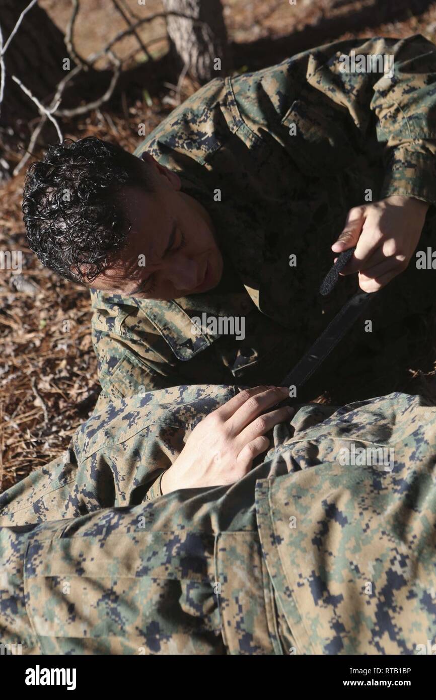 Marine Lance Cpl. Anthony Bedell applies a tourniquet to a staged injury during a tactical combat casualty care course on Camp Lejeune, North Carolina, Feb. 6, 2019. TCCC teaches Marines and Sailors lifesaving skills and enhances their ability to aid a casualty while deployed. Bedell is a chemical, biological, radiological, and nuclear defense specialist with the 24th Marine Expeditionary Unit. Stock Photo