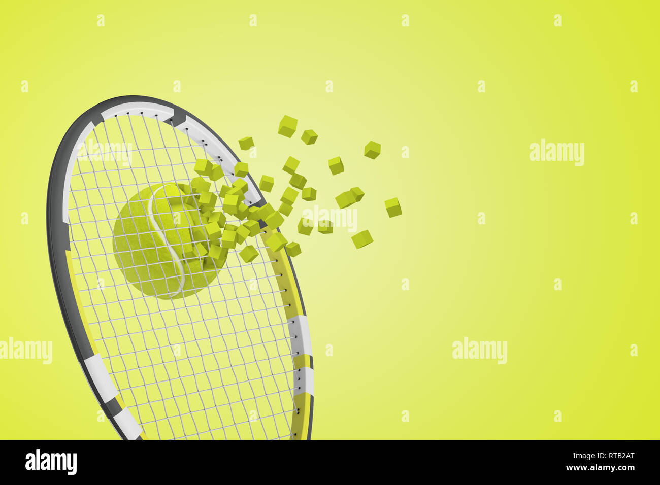 3d rendering of tennis ball breaking through tennis racket strings on