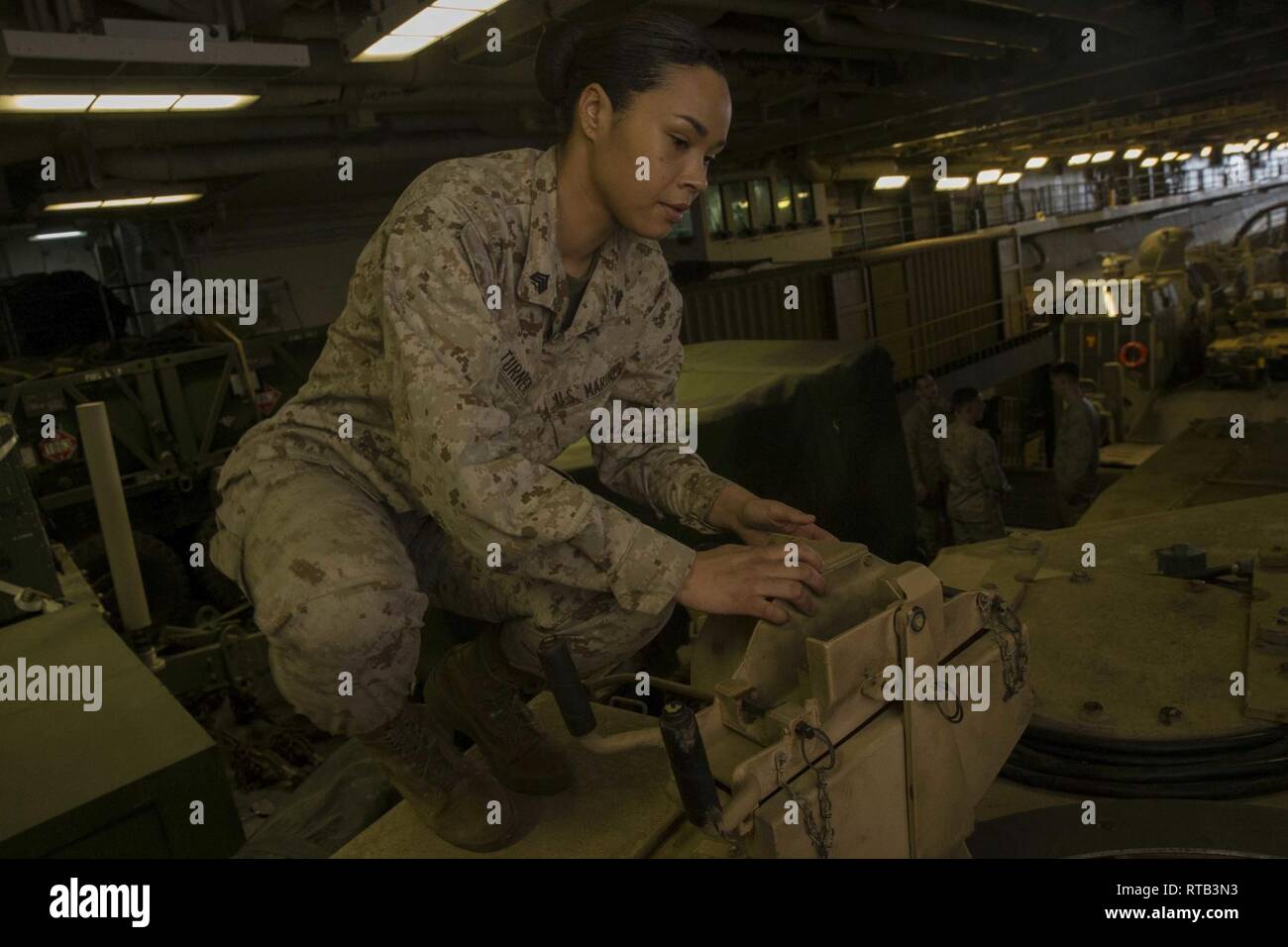 ARABIAN SEA (Feb. 6, 2019) U.S. Marine Corps Sgt. Nicole Turner, a heavy equipment mechanic with