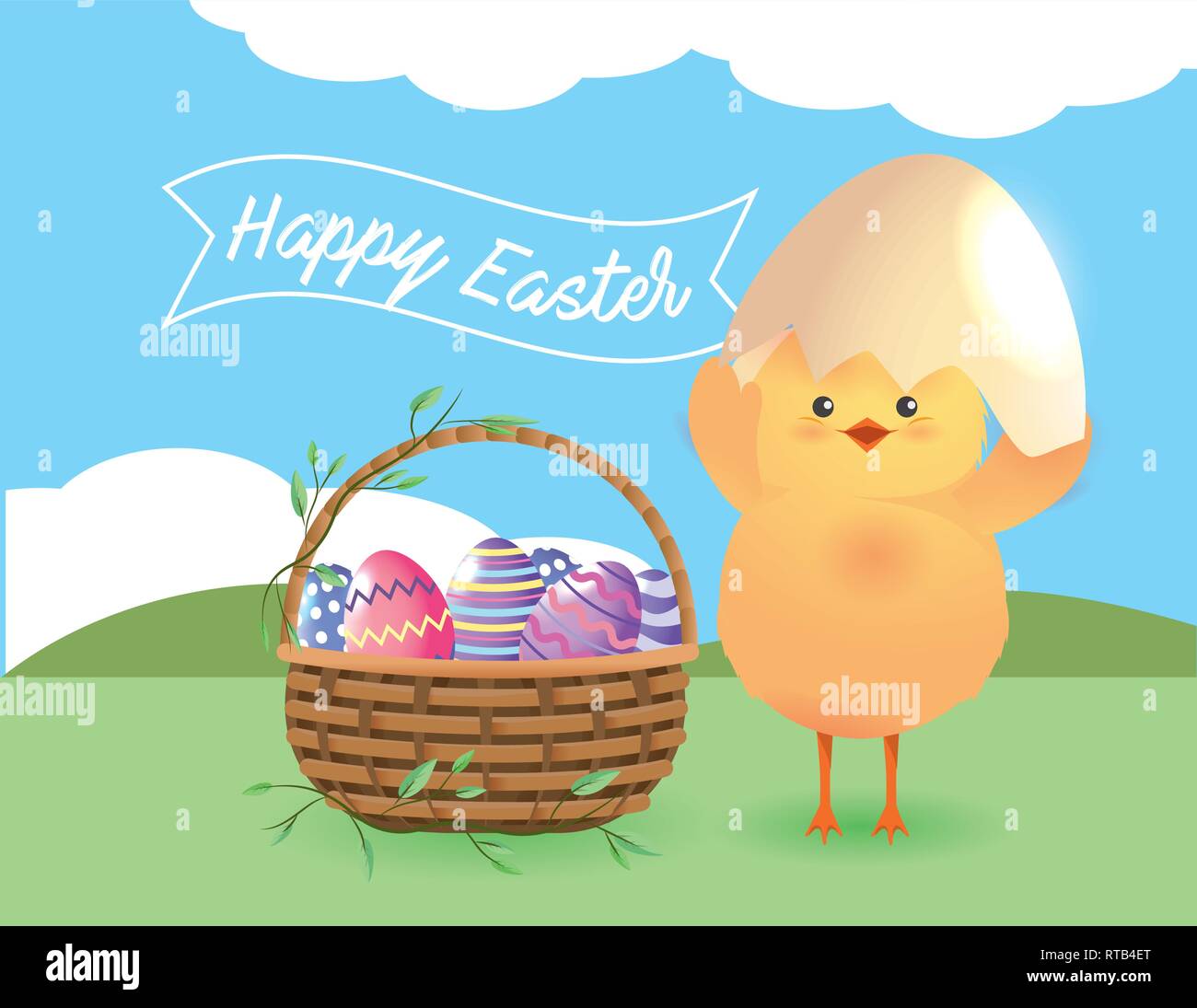 chick with egg broken and easter eggs inside basket Stock Vector