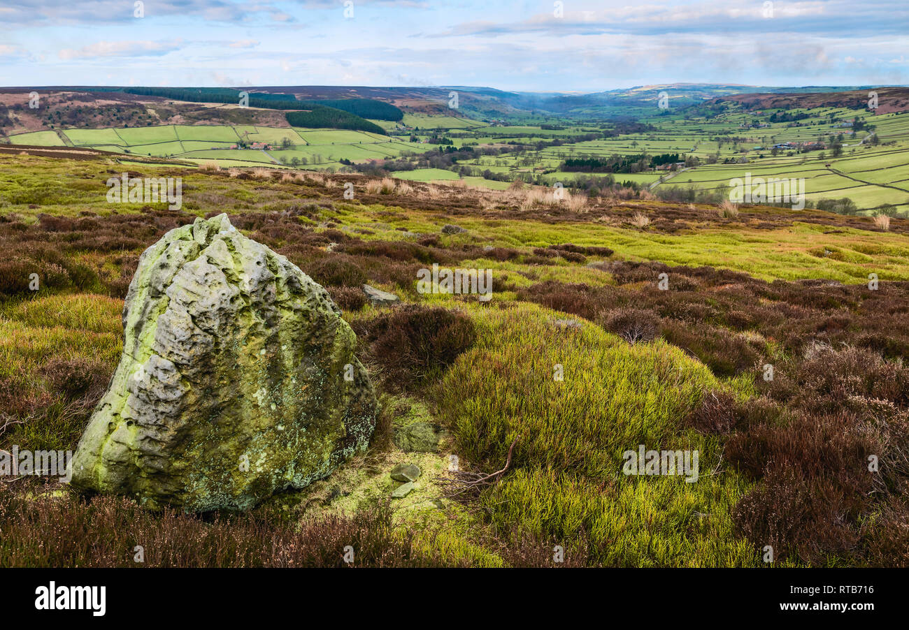 The North York Moors National Park on a bright spring morning showing the rolling landscape with bolder, farmhouse, fields, Glaisdale, Yorkshire, UK. Stock Photo