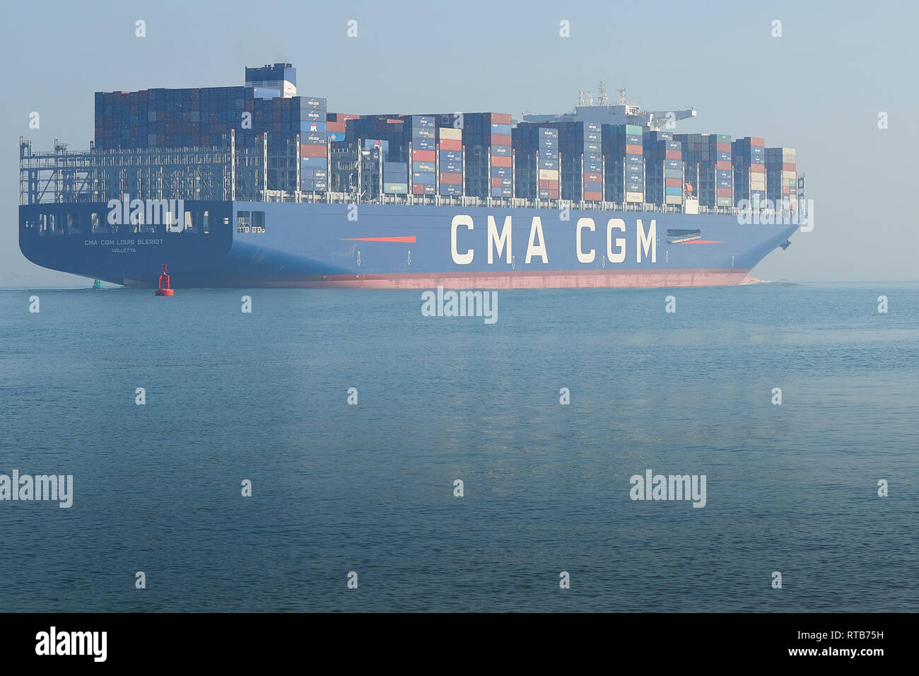 The 400 metre, Ultra-Large Container Ship, CMA CGM LOUIS BLERIOT, Departing The Port Of Southampton, UK, En Route To Dunkerque, France. Stock Photo