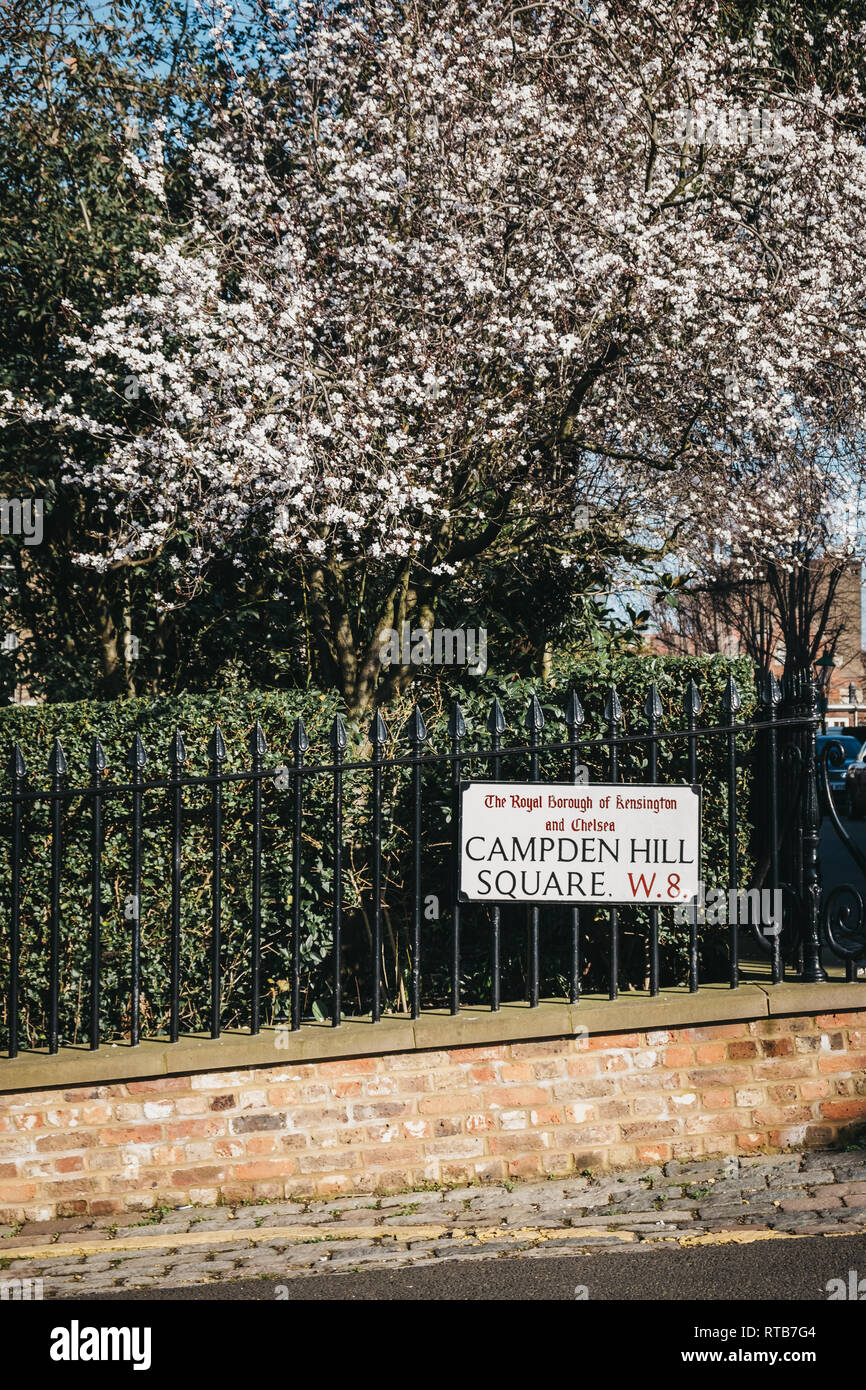 London, UK - February 23, 2019: Campden Hill Square street name sign on a black fence in The Royal Borough of Kensington and Chelsea, an affluent area Stock Photo