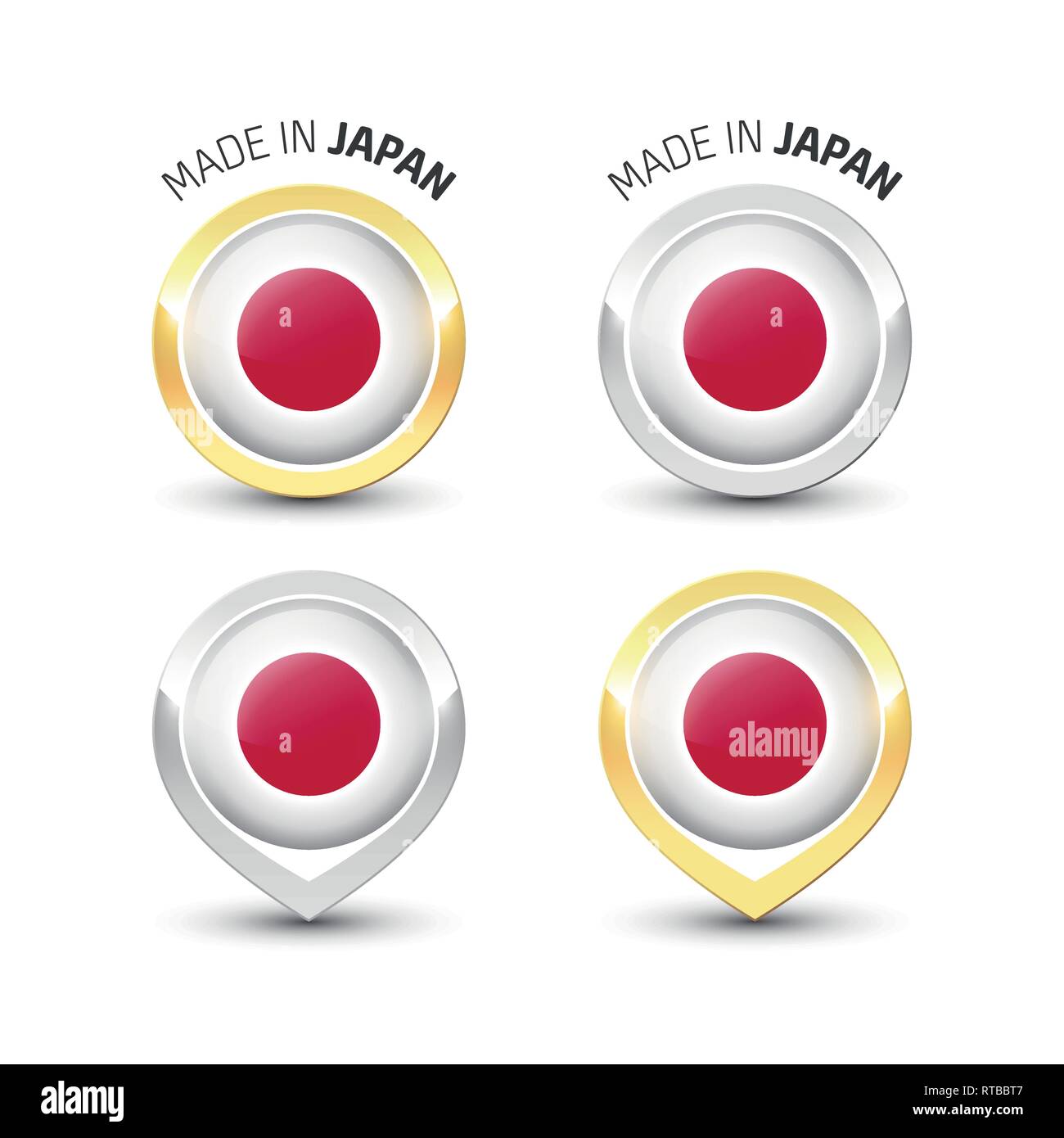 Made in Japan - Guarantee label with the Japanese flag inside round gold and silver icons. Stock Vector