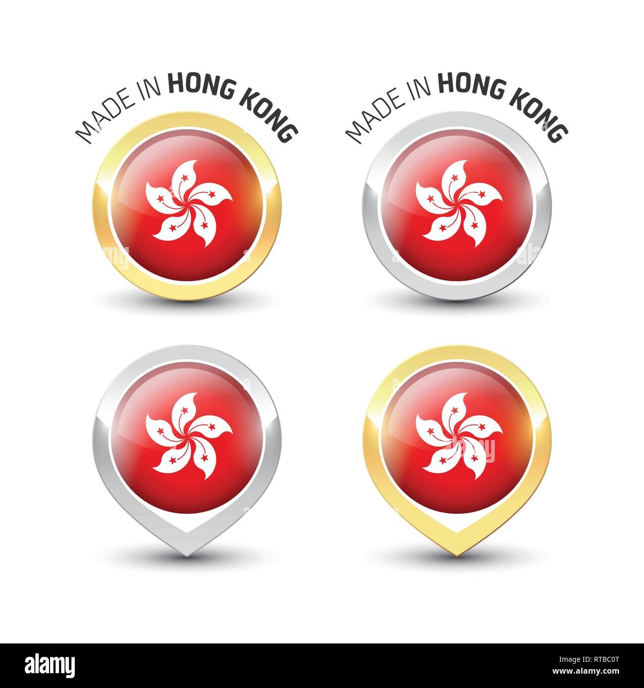 Made in Hong Kong - Guarantee label with the flag of Hong Kong inside round gold and silver icons. Stock Vector