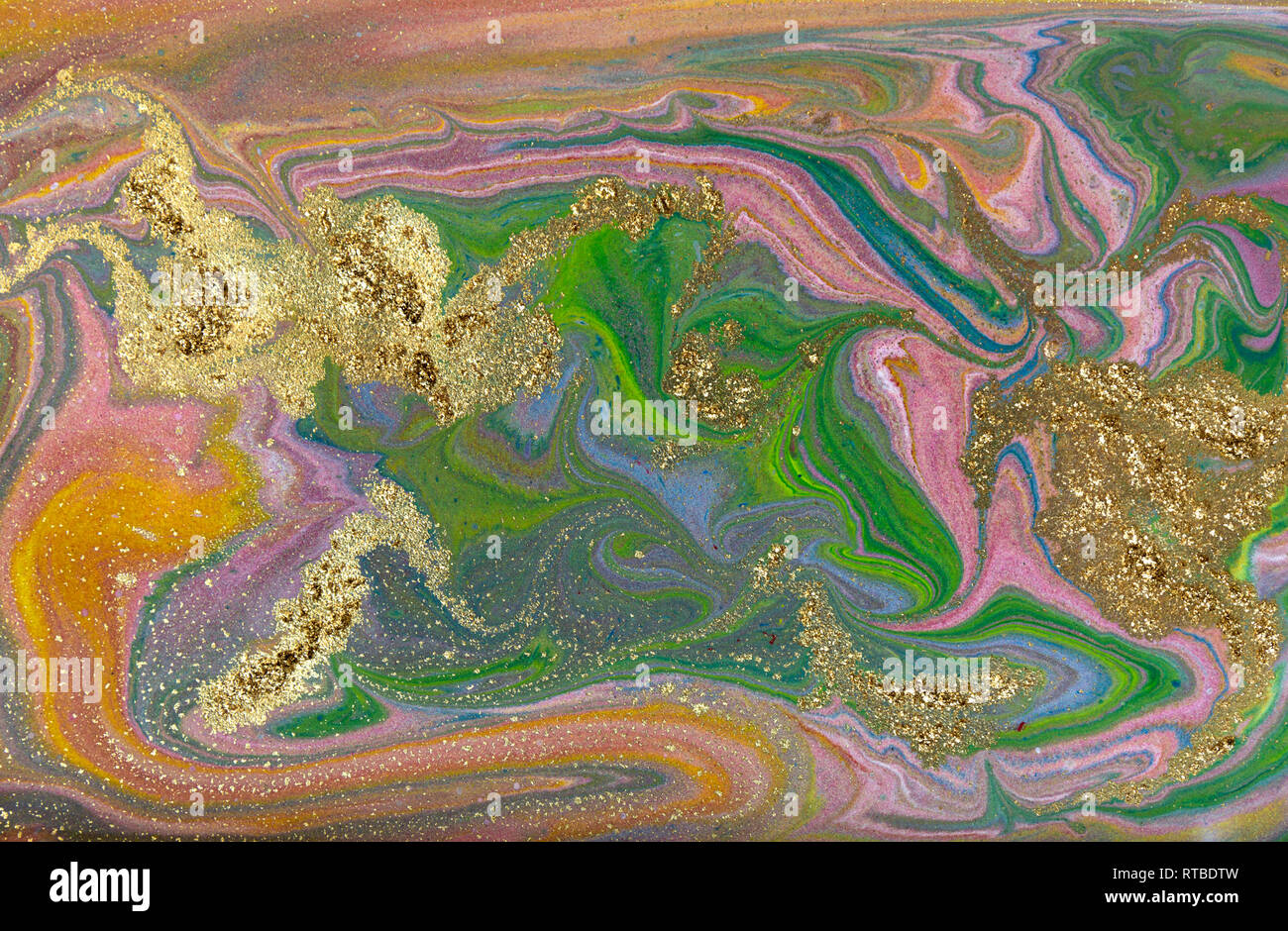 Red, green and gold marbling pattern. Golden marble liquid texture