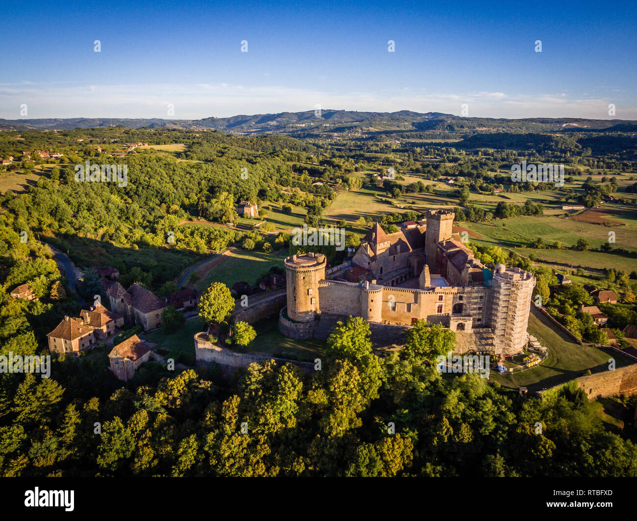 Bird view of medieval Castelnau castle in Lot department Stock Photo