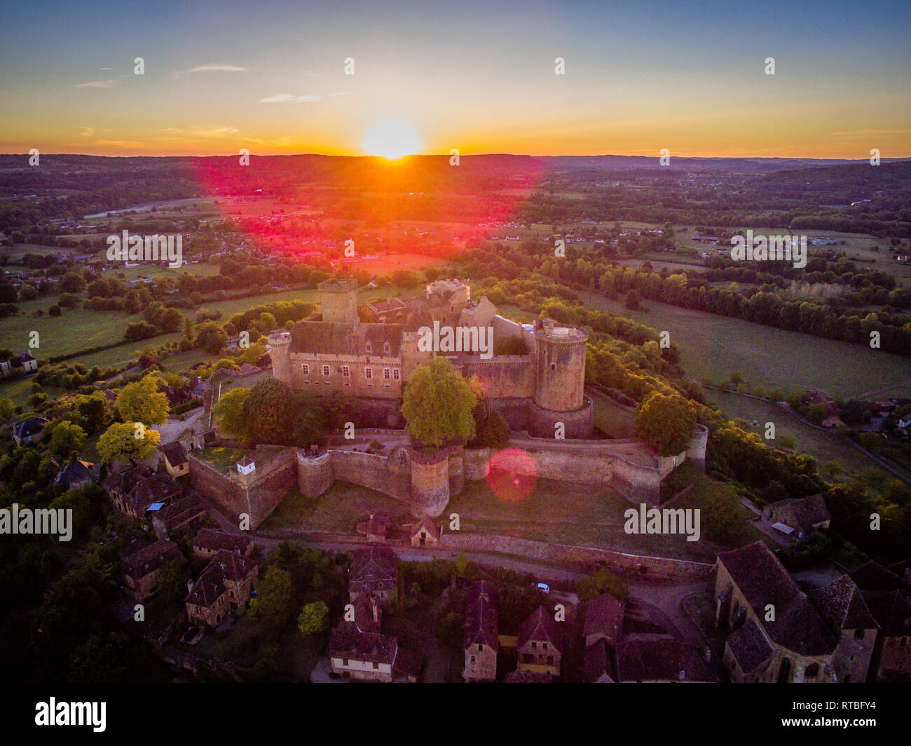 Prudhomat Castelnau castle at sunset in the summer in France Stock Photo