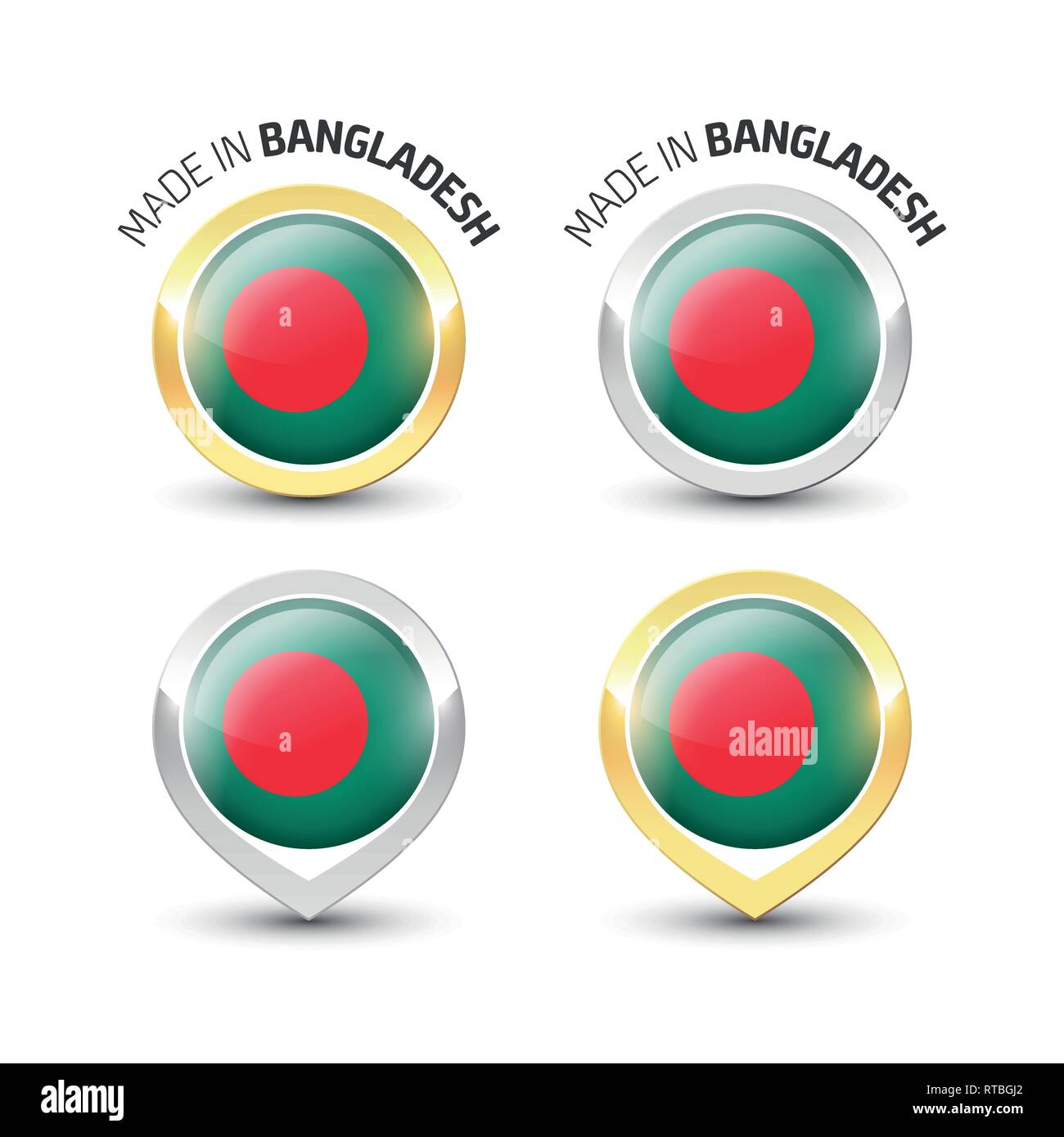 Made in Bangladesh - Guarantee label with the flag of Bangladesh inside round gold and silver icons. Stock Vector