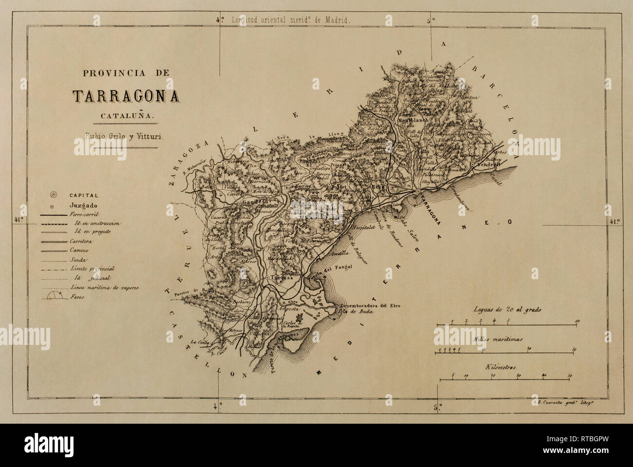 Map. Province of Tarragona, 1866. Crónica General de España, Historia Ilustrada y Descriptiva de sus Provincias. Catalonia. 1866. Stock Photo