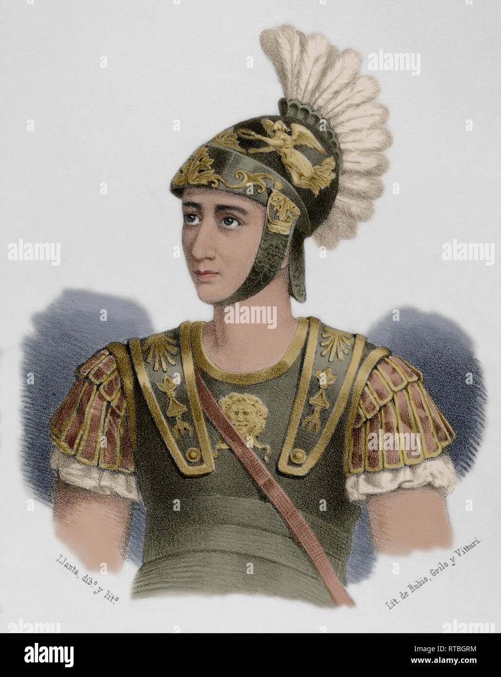 Scipio Africanus (236-183 BC). Roman general and later consul. He defeated Hannibal at the Battle of Zama (Second Punic War). Drawing by Llanta (fl.1866-1872). Lithography. Later colouration. Crónica General de España, Historia Ilustrada y Descriptiva de sus Provincias. Catalonia. 1866. Stock Photo