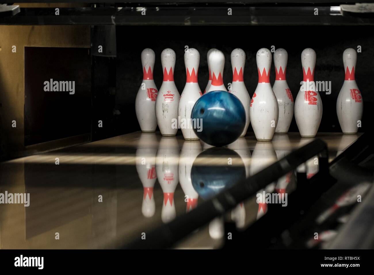 A bowling ball strikes pins at the Strike Zone bowling alley on Marine  Corps Air Station Iwakuni, Japan, Feb. 7, 2019. Marine Corps Community  Services, Single Marine Program, invited Japanese nationals from