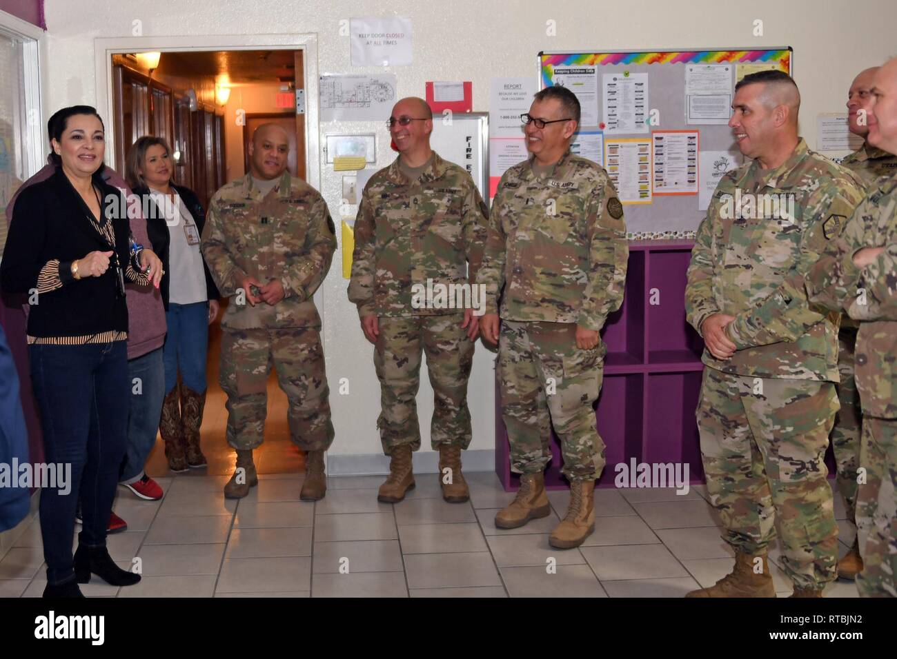 EL PASO, Texas – Army Reserve Soldiers of the 210th Regional Support Group, Aguadilla, Puerto Rico, and the Fort Bliss Garrison Command were honored during an event held at the Child Crisis Center of El Paso, Texas, Feb. 8, 2019. During their tour of duty as part of the Mobilization and Deployment Brigade – Directorate of Plans, Training, Mobilization and Security at Fort Bliss, Texas, the 210th RSG have been instrumental in donating goods and providing services to the CCCEP for the past three months. Furthermore, 210th RSG Soldiers volunteered to refurbish and restore five of the children’s r Stock Photo