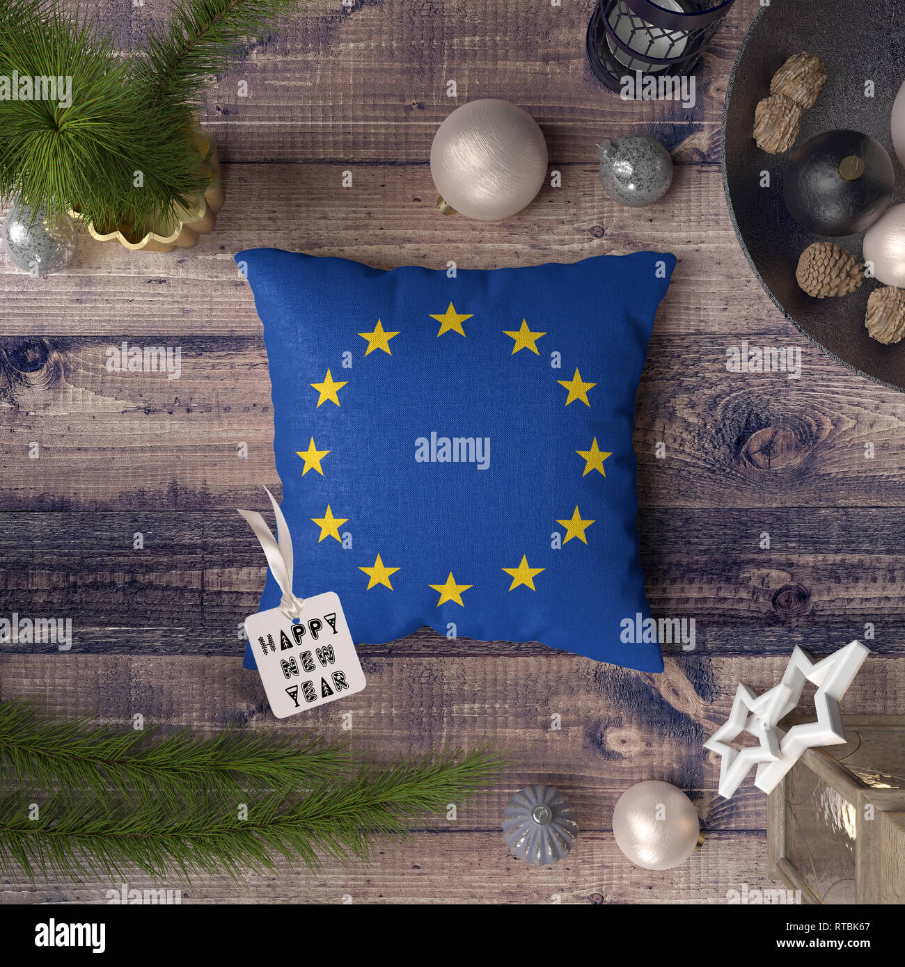 Happy New Year Tag With European Union Flag On Pillow Christmas