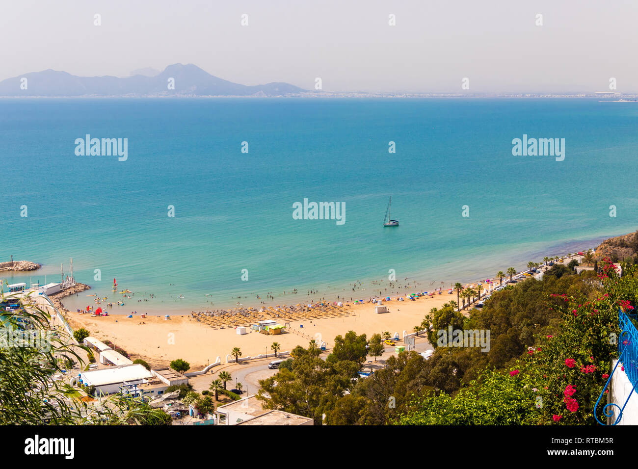 The beach in Sidi Bou Said on the Mediterranean sea. View from the hill in Tunisia Stock Photo