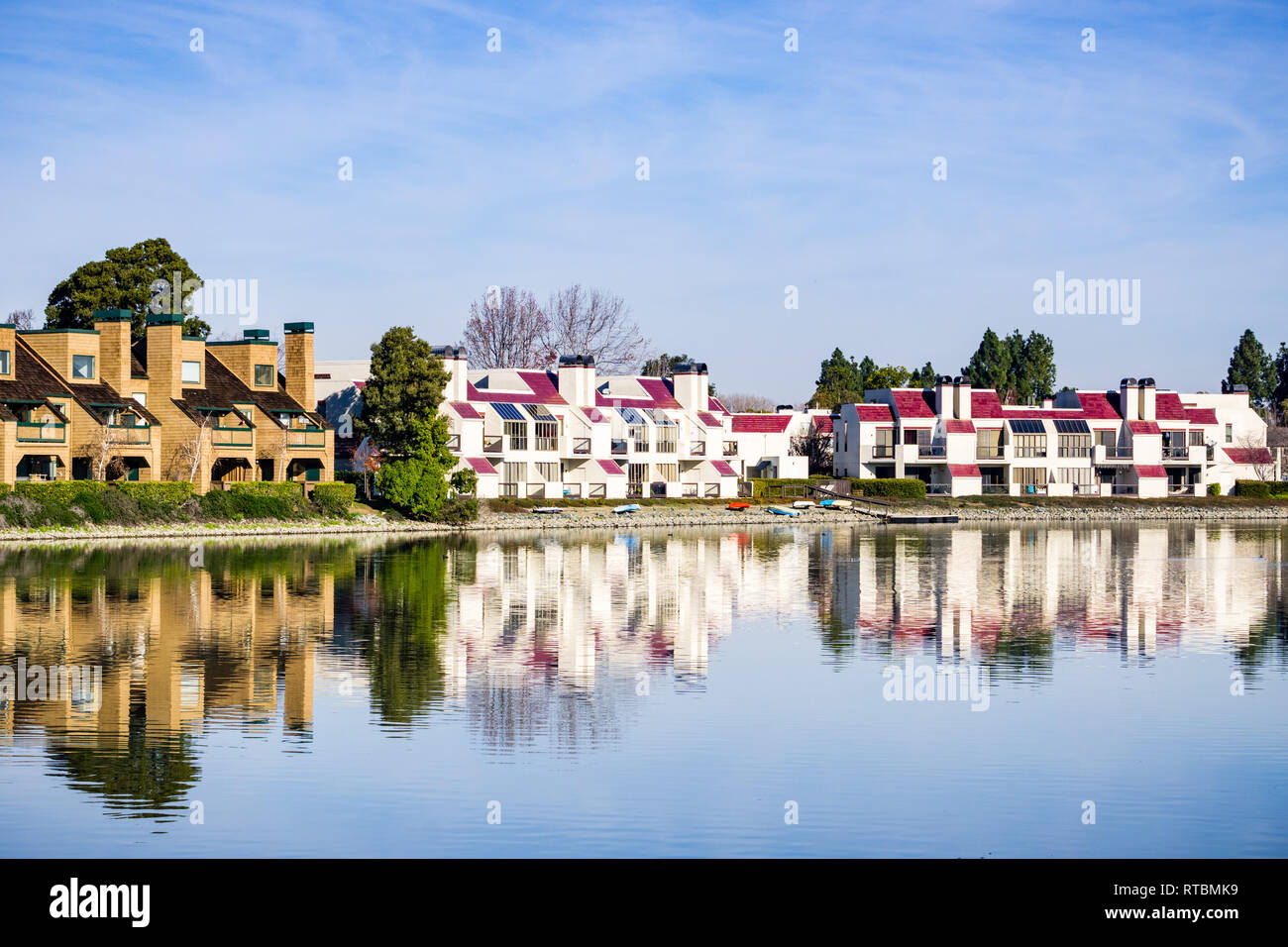 Apartment buildings on the shoreline of Belmont Channel, Redwood shores, California Stock Photo