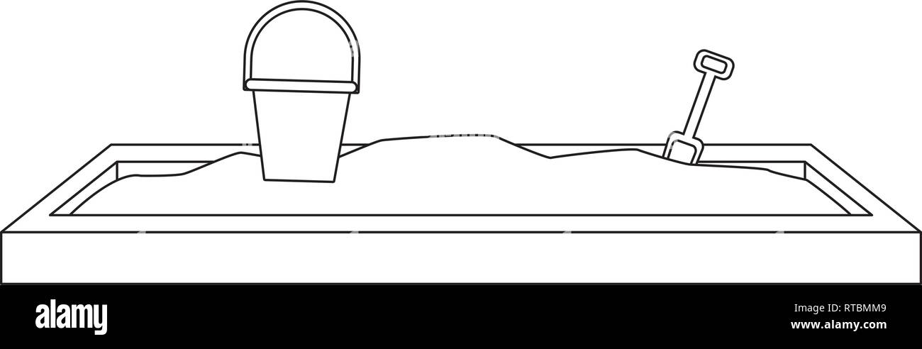 Sand box with bucket and shovel black and white Stock Vector Image