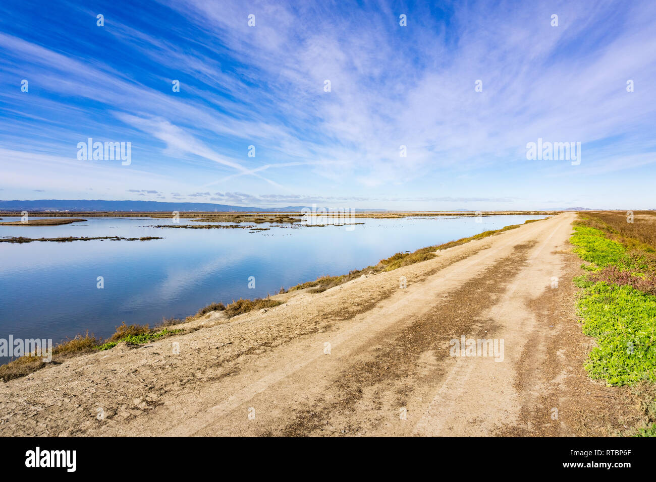 Levee in Alviso marsh, south San Francisco bay, San Jose, California Stock Photo