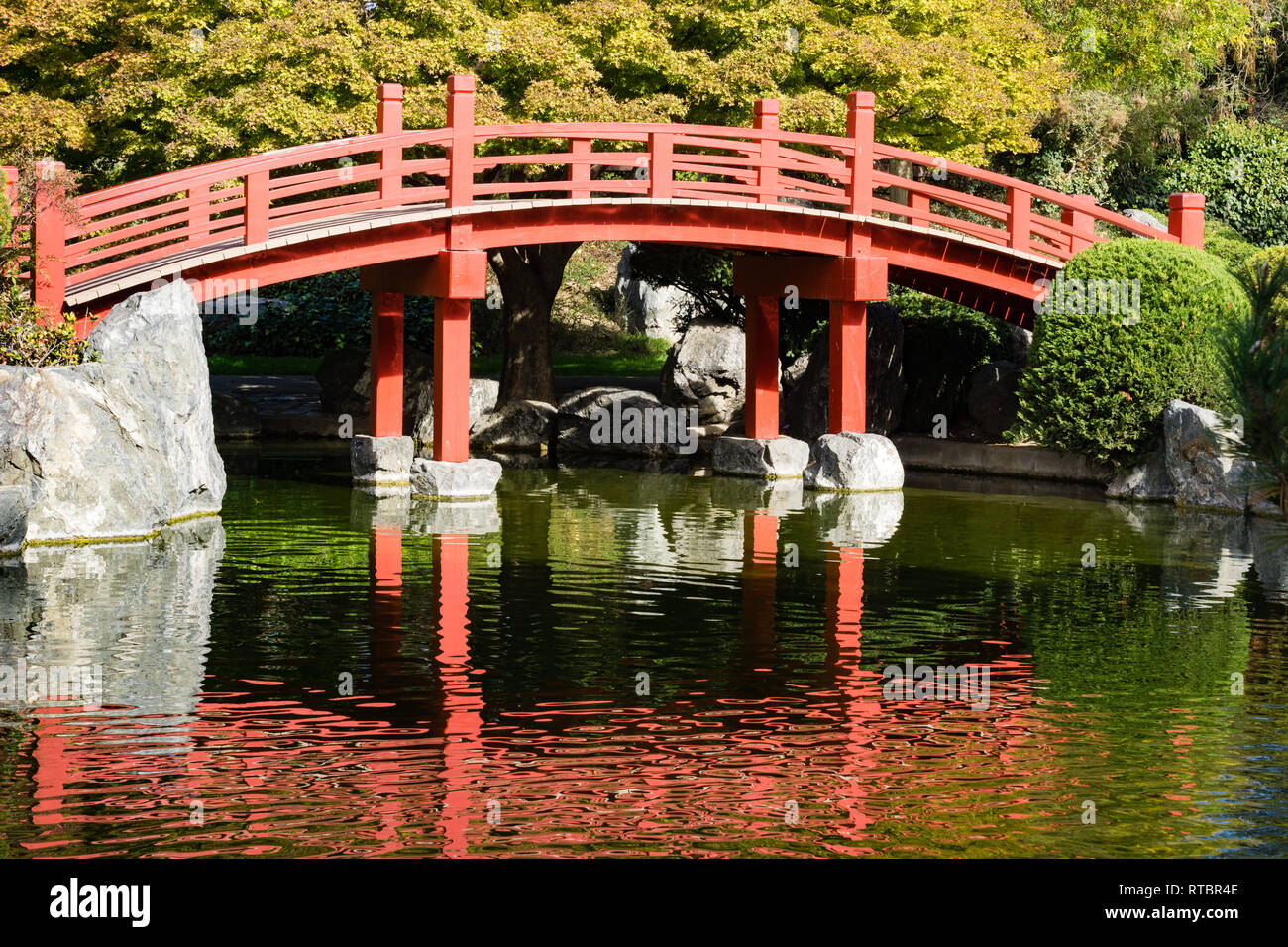 Red Bridge Over A Man Made Pond Japanese Friendship Garden San