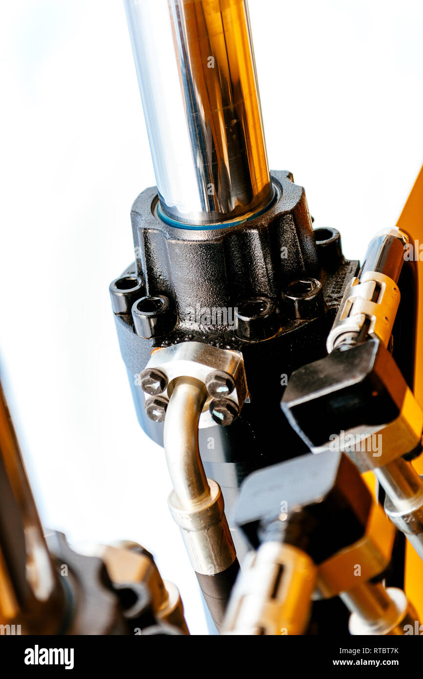 Hydraulic excavator arm detail with steel tube industrial equipment as