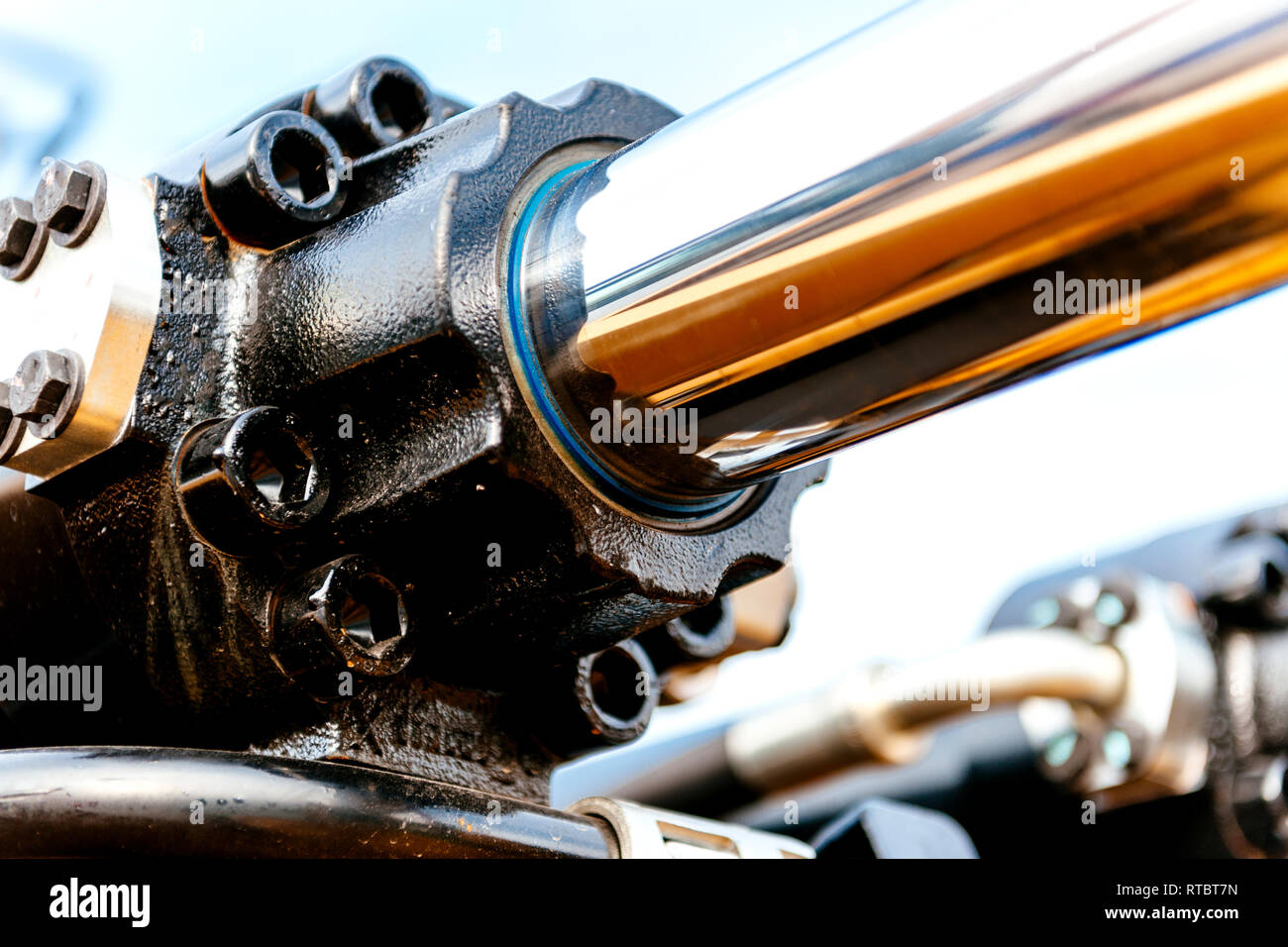 Hydraulic excavator arm detail with steel tube industrial equipment as