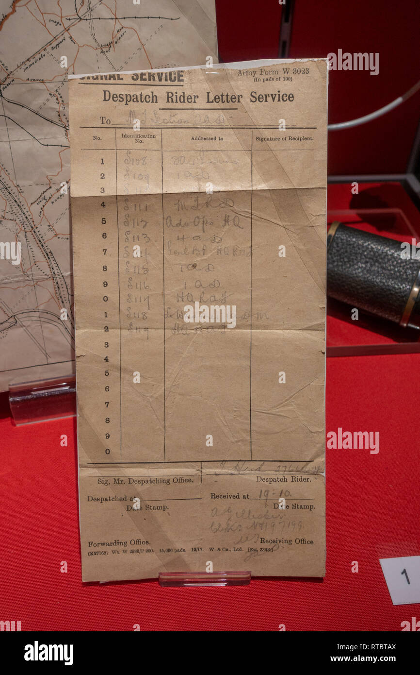 A Dispatch Rider Slip containing a hand written message from World War One, York Castle Museum, York, Yorkshire, UK. Stock Photo