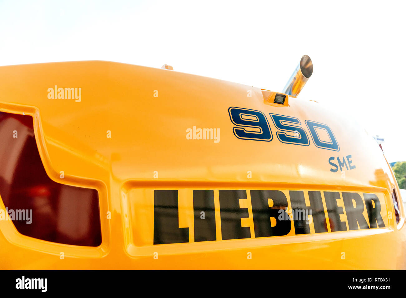 PARIS, FRANCE - SEP 5, 2019: Rear view of a Liebherr 950 sme excavator on a construction site Stock Photo