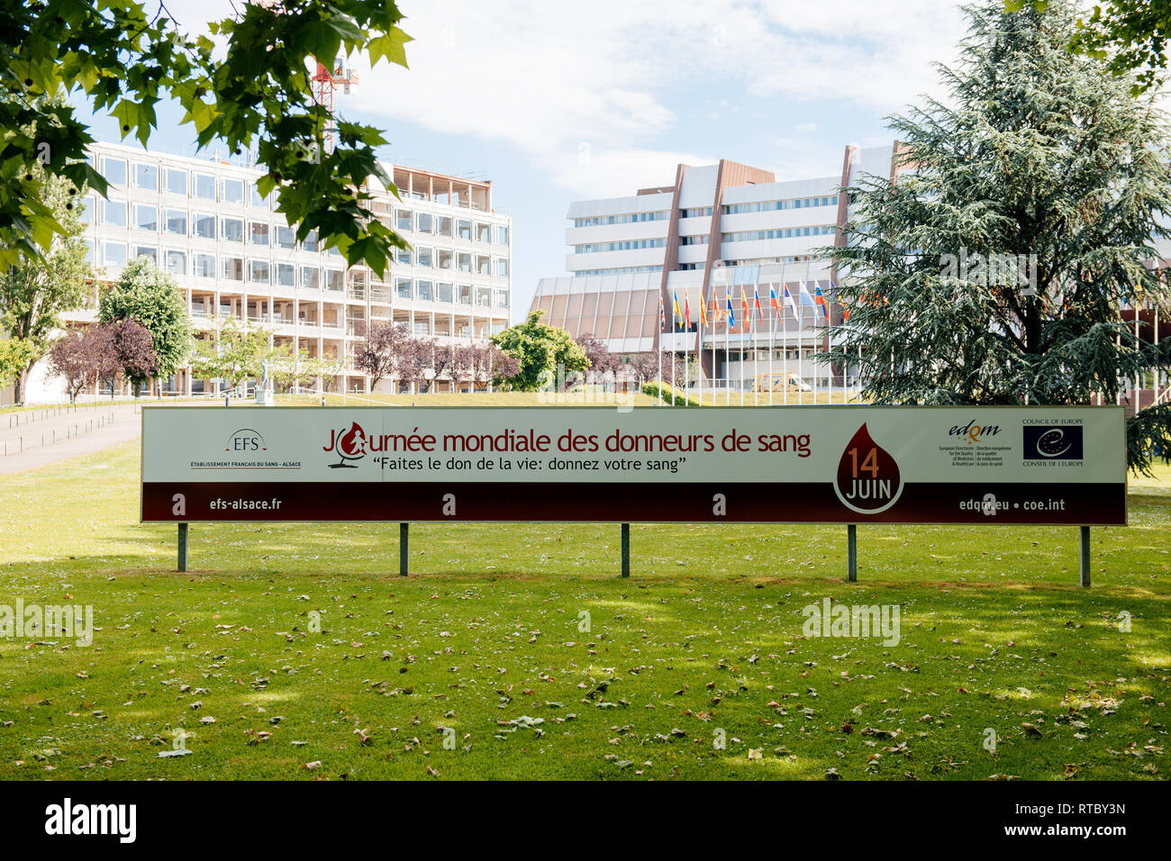 STRASBOURG, FRANCE - JUNE  6, 2015: World Blood Donor Day advertising banner in front of the Council of Europe in Strasbourg EDQM Stock Photo