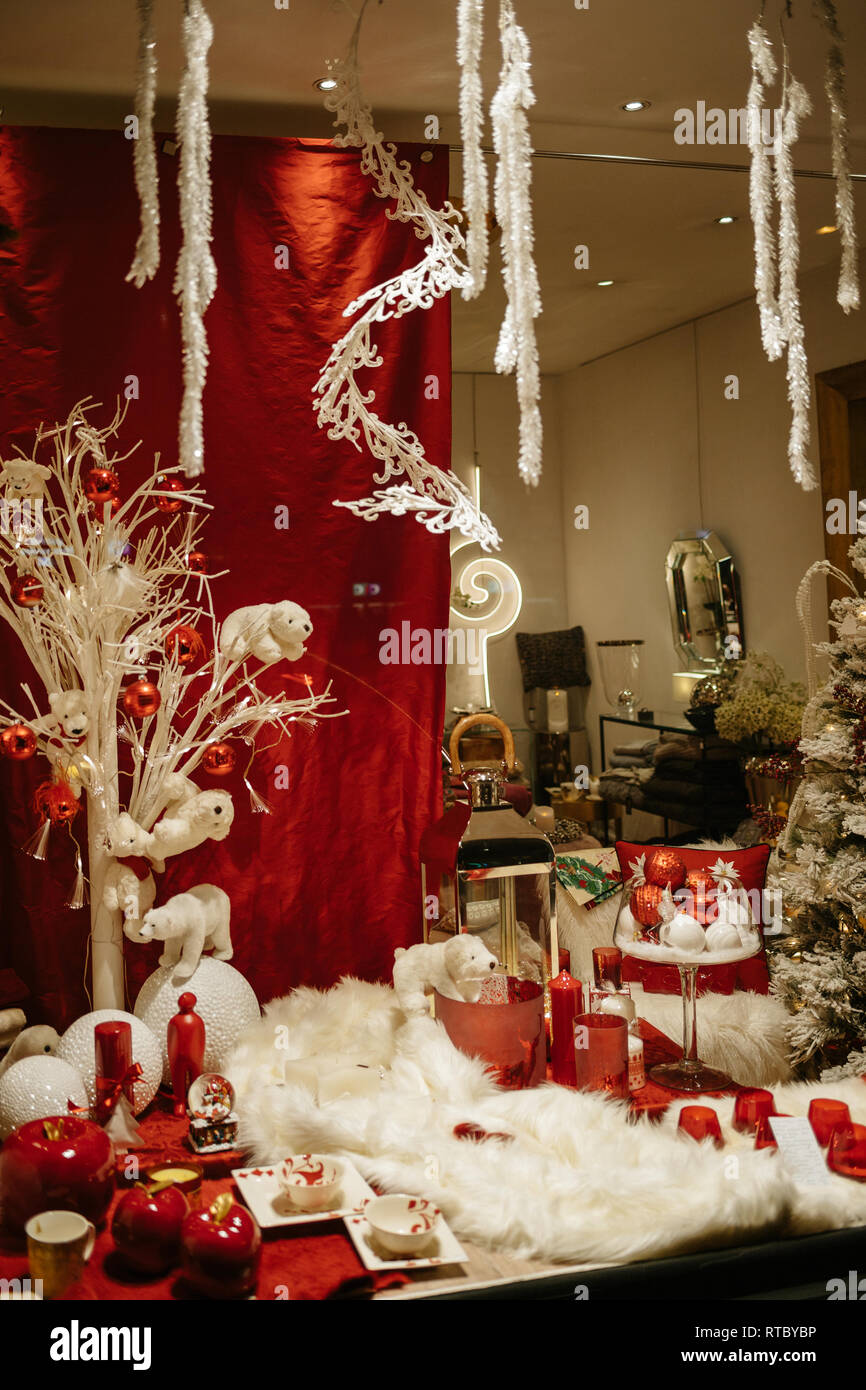 Christmas decorations in store window showcase of a floral show pin  Strasbourg, France with multiple colorful globes, vases and toys Stock  Photo - Alamy