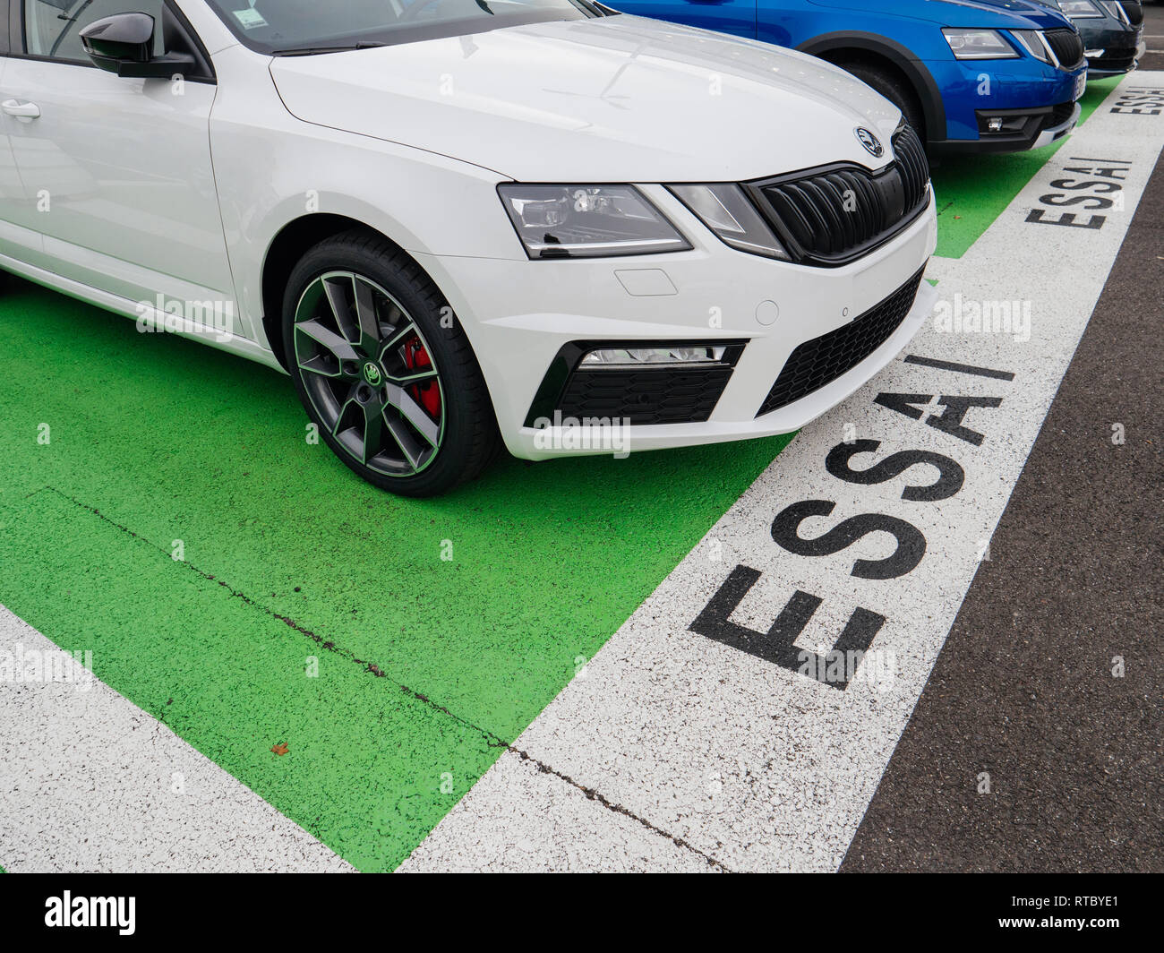 PARIS, FRANCE - NOV 7, 2017: Essai text translated as Test Drive cars with Skoda Superb and Octavia cars made by Volkswagen at the car dealership garage Stock Photo