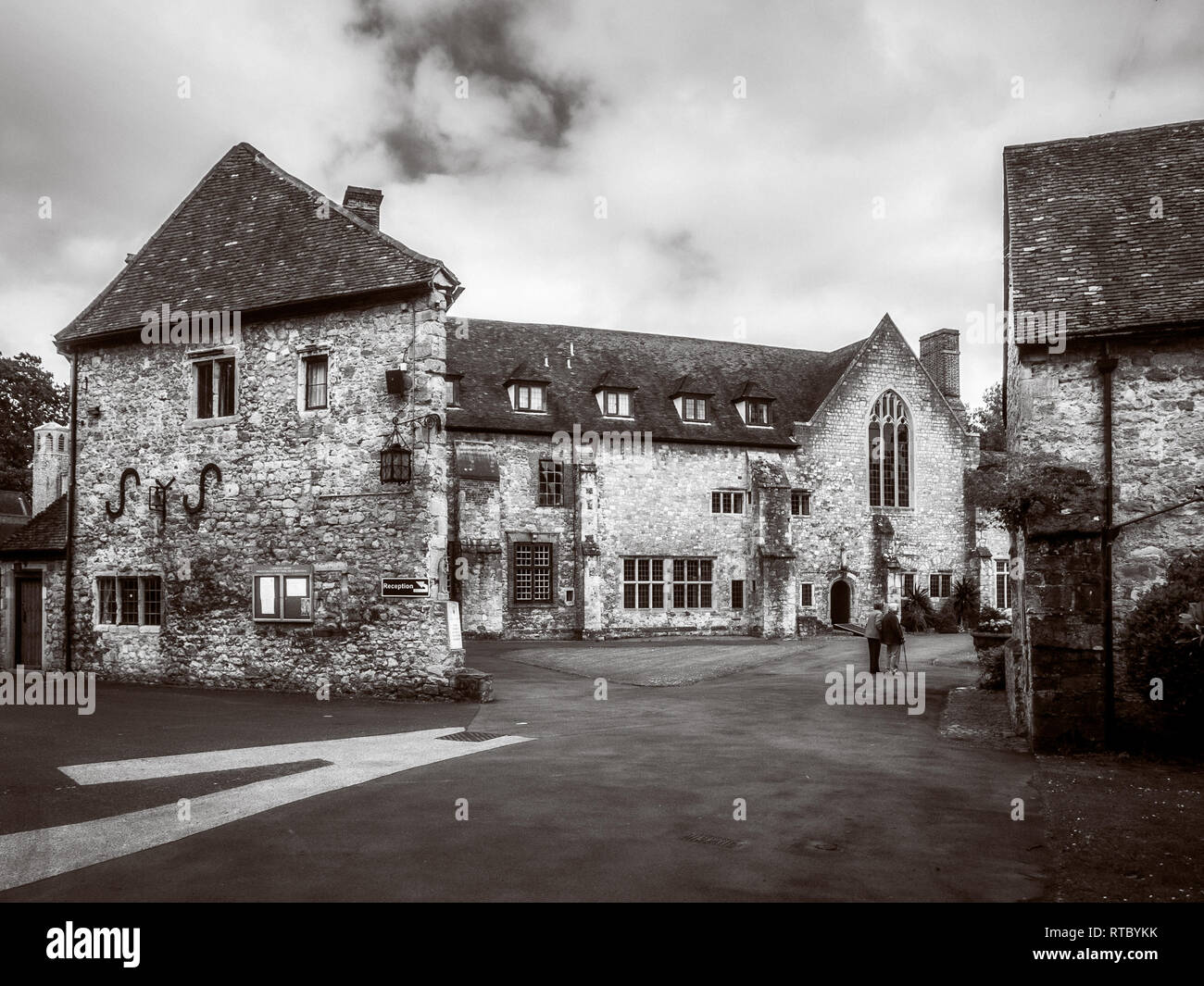 Black and white photograph of the entrance to Aylesford Priory in the UK. Stock Photo