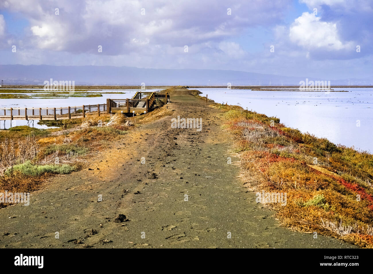 Levee in Alviso marsh after a rainy day, California Stock Photo