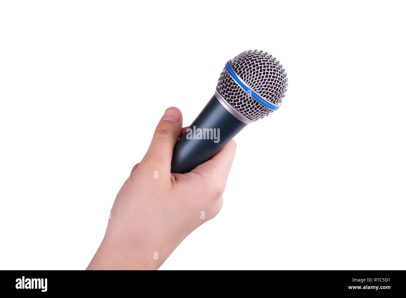 microphone in hand isolated on white background Stock Photo Alamy