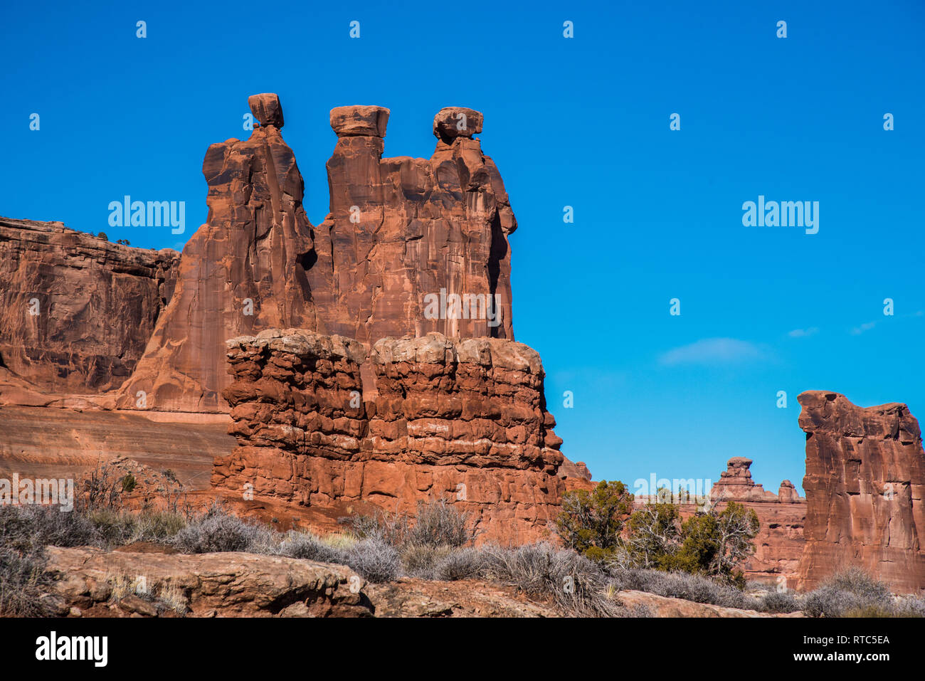 Arches and rock formations in Arches National Park, Utah. Stock Photo