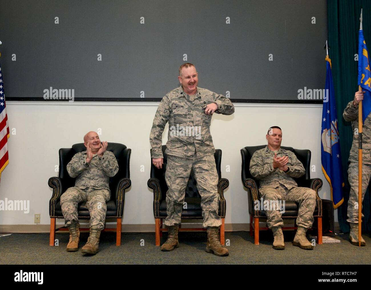 Reserve Citizen Airmen of the 72nd Aerial Port Squadron welcome their new commander, Lt. Col. Darryl McLean, Feb. 10, 2019, during a change of command ceremony at Tinker Air Force Base, Oklahoma. Stock Photo