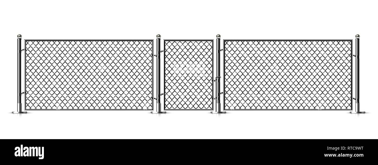 Realistic metal chain link fence. Rabitz. Art design gate. Cemetery fence, hedge, prison barrier, secured property. The chain link of hedge wire mesh  Stock Vector