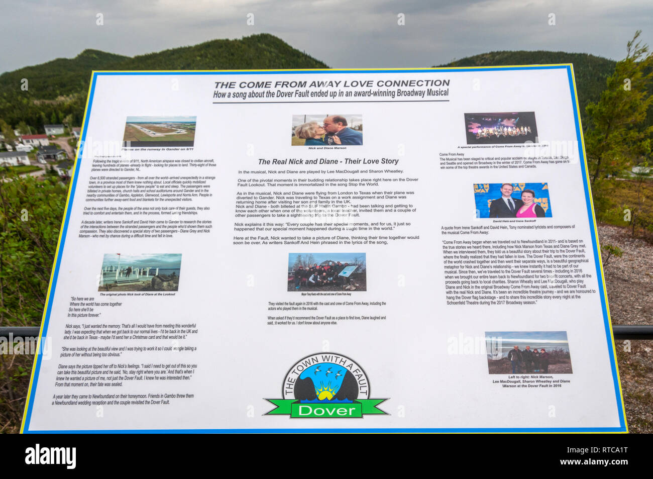 An information board in Dover, Newfoundland, explains how the town features in the musical Come From Away. Stock Photo