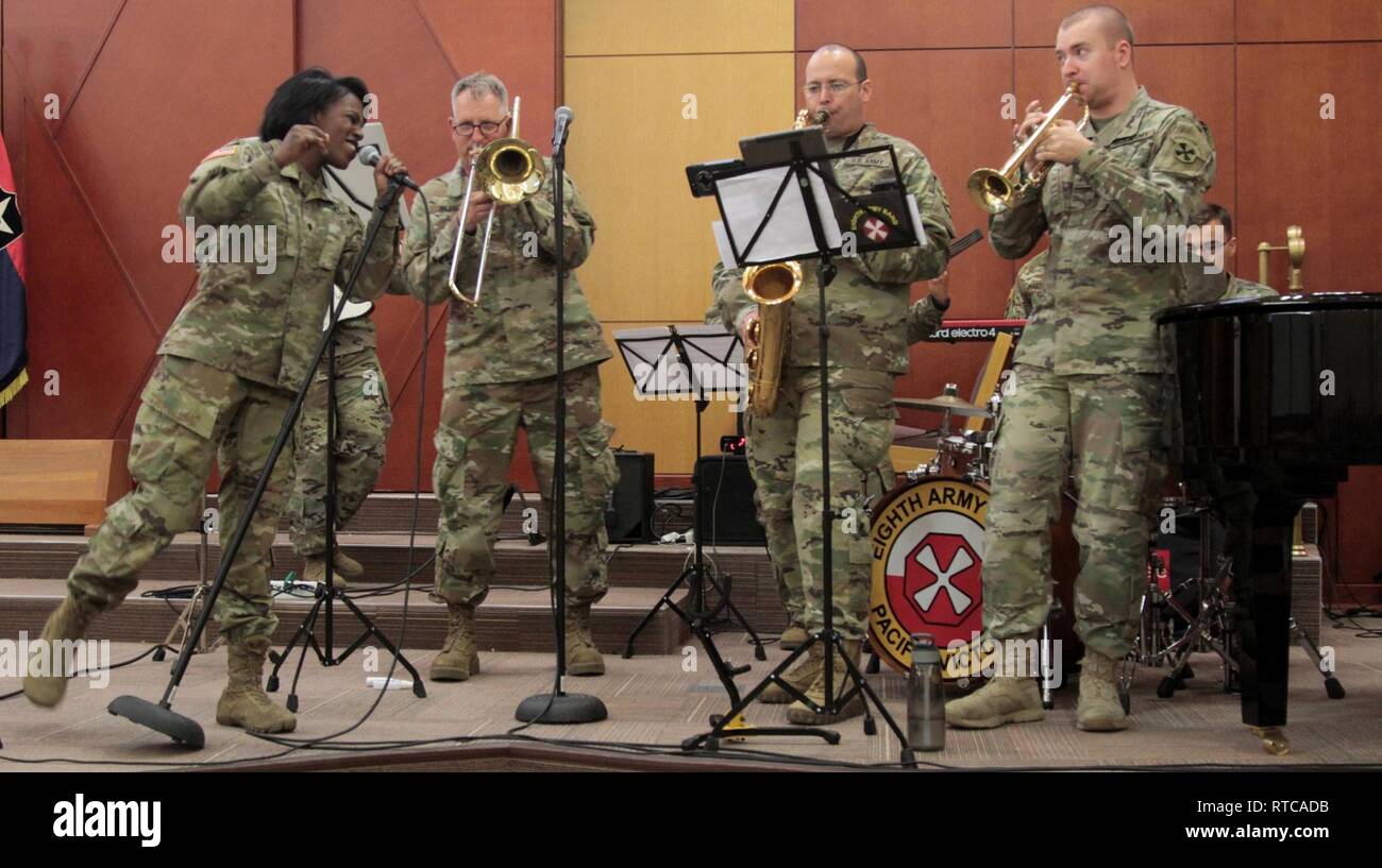 The Eighth Army Band performed on Feb. 12, 2019, at Freedom Chapel on Camp Humphreys, Republic of Korea. The band performed prior to African American History Month observance and also performed the Korean and American National Anthems. Stock Photo