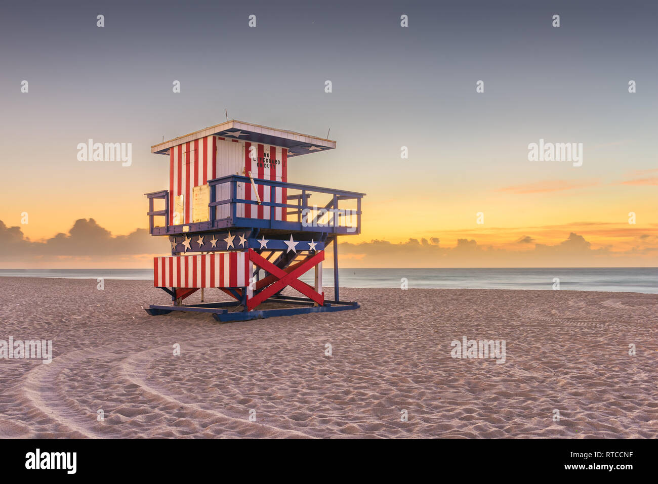Miami Beach, Florida, USA sunrise and life guard tower. Stock Photo