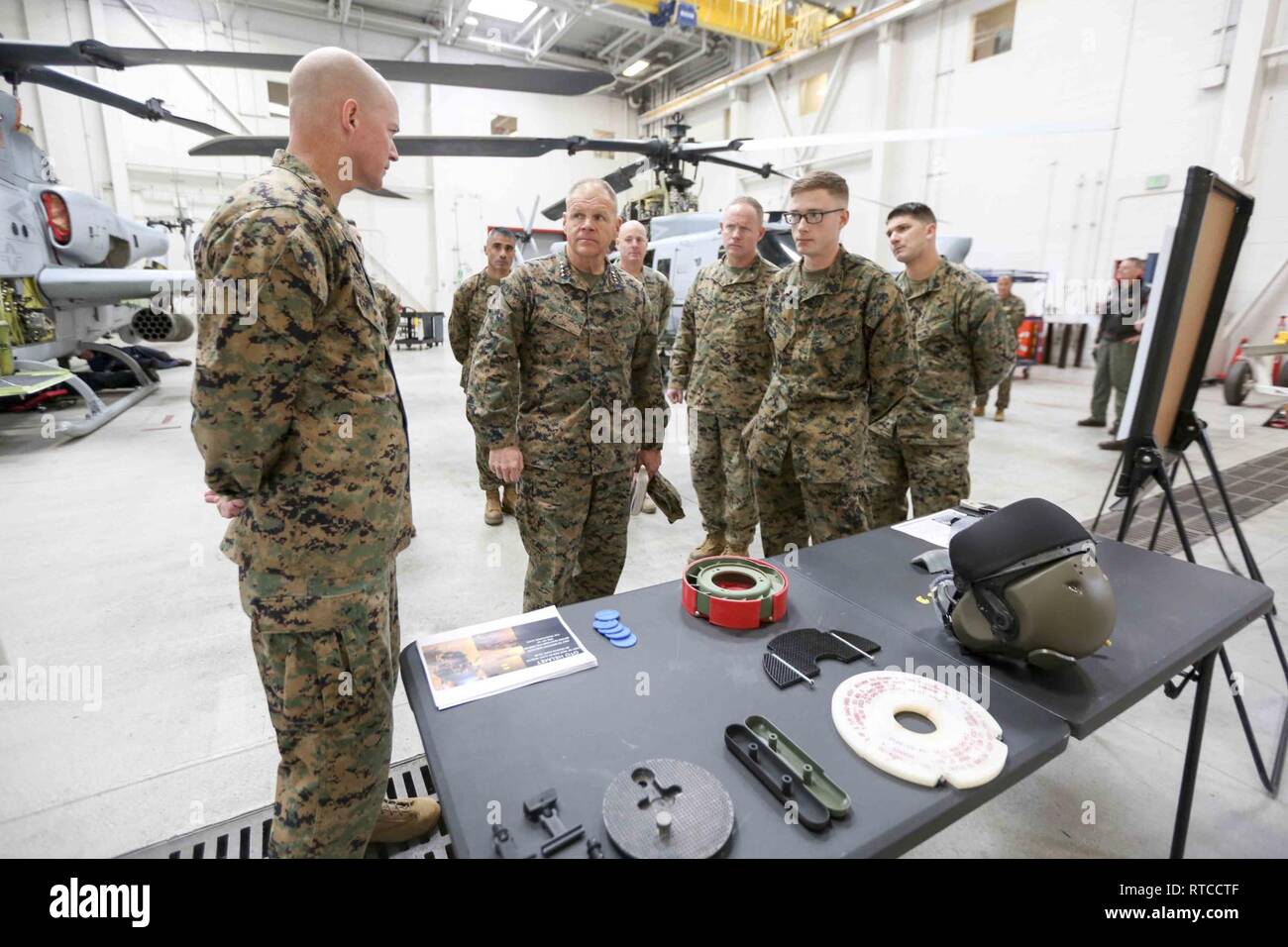 Commandant of the Marine Corps Gen. Robert B. Neller speaks with Marines during a visit to Camp Pendleton, Calif., Feb. 13, 2019. Gen. Neller observed and discussed aviation maintenance and readiness. Stock Photo