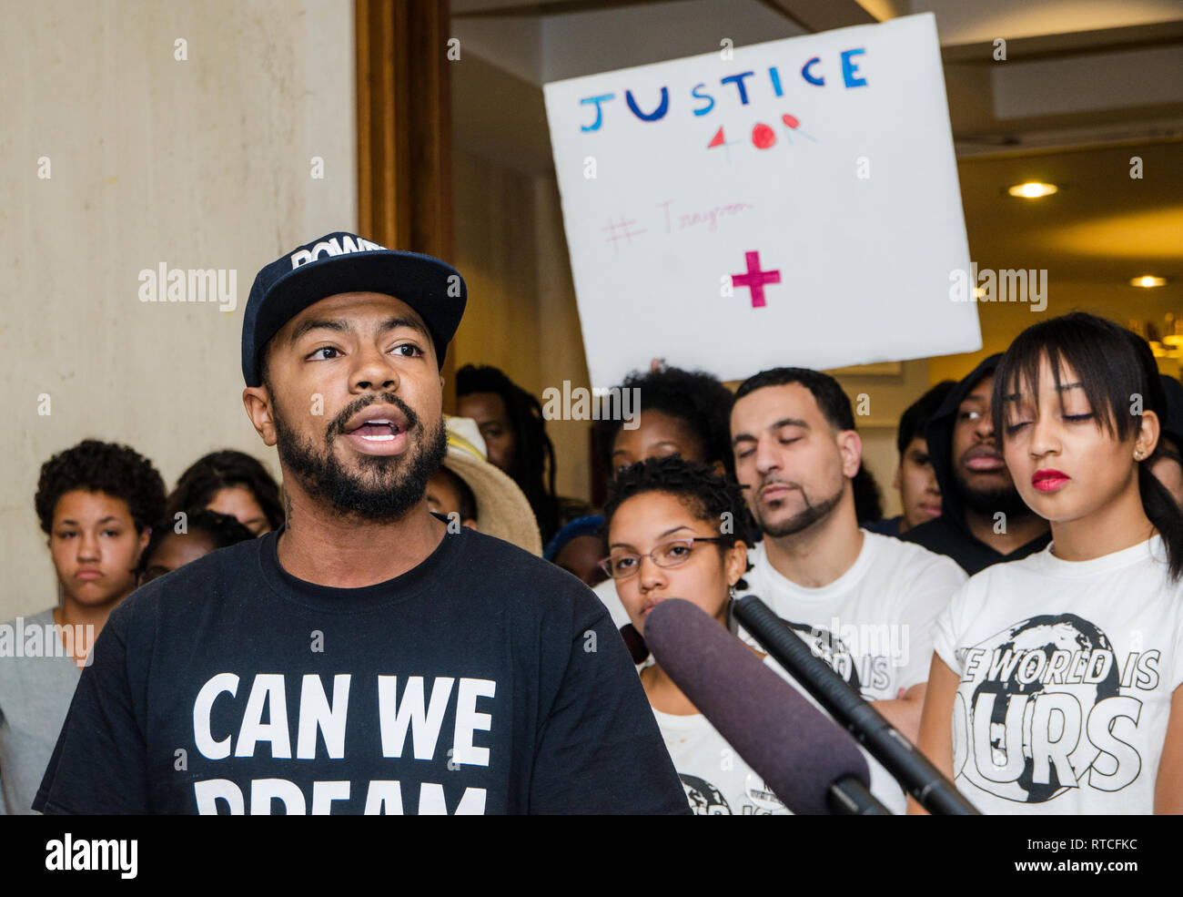 Phillip Agnew, director of Dream Defenders, speaks during a press conference, July 23, 2013, at the Florida state capitol in Tallahassee. Stock Photo