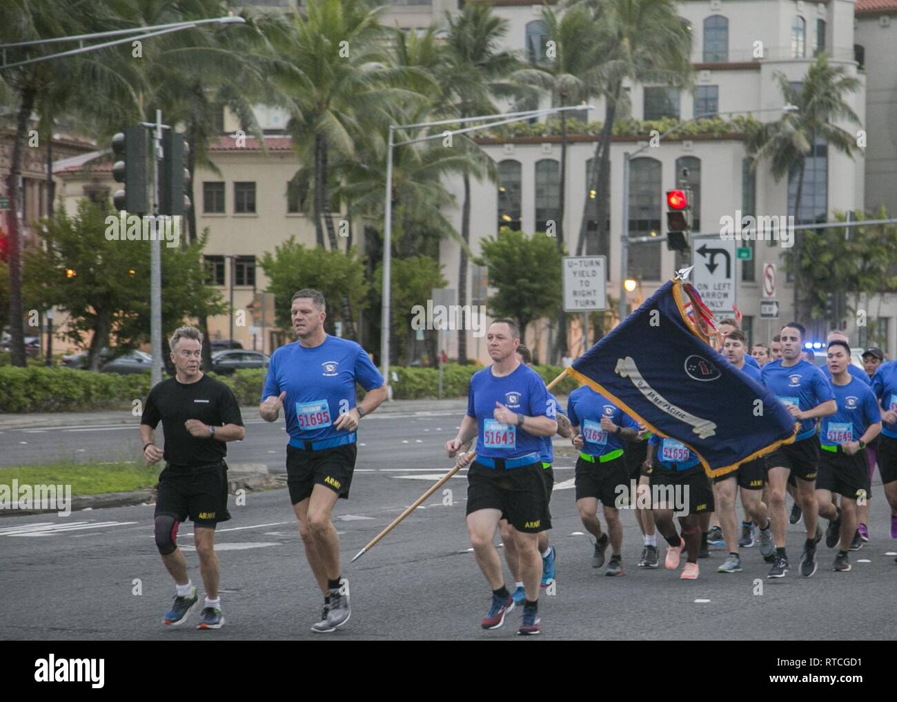 Soldiers from the 25th Infantry Division and U.S. Army Pacific participate in the 35th annual Great Aloha Run in Honolulu on February 18, 2019. At least  2,000 service members participated in the run, which allows those that participate to give back to both military and civilian communities. Stock Photo